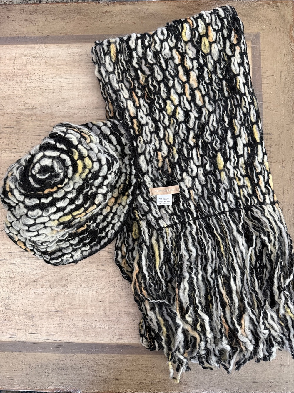 Nordstrom Black, White & Yellow Bouclé Knit Hat and Scarf Set